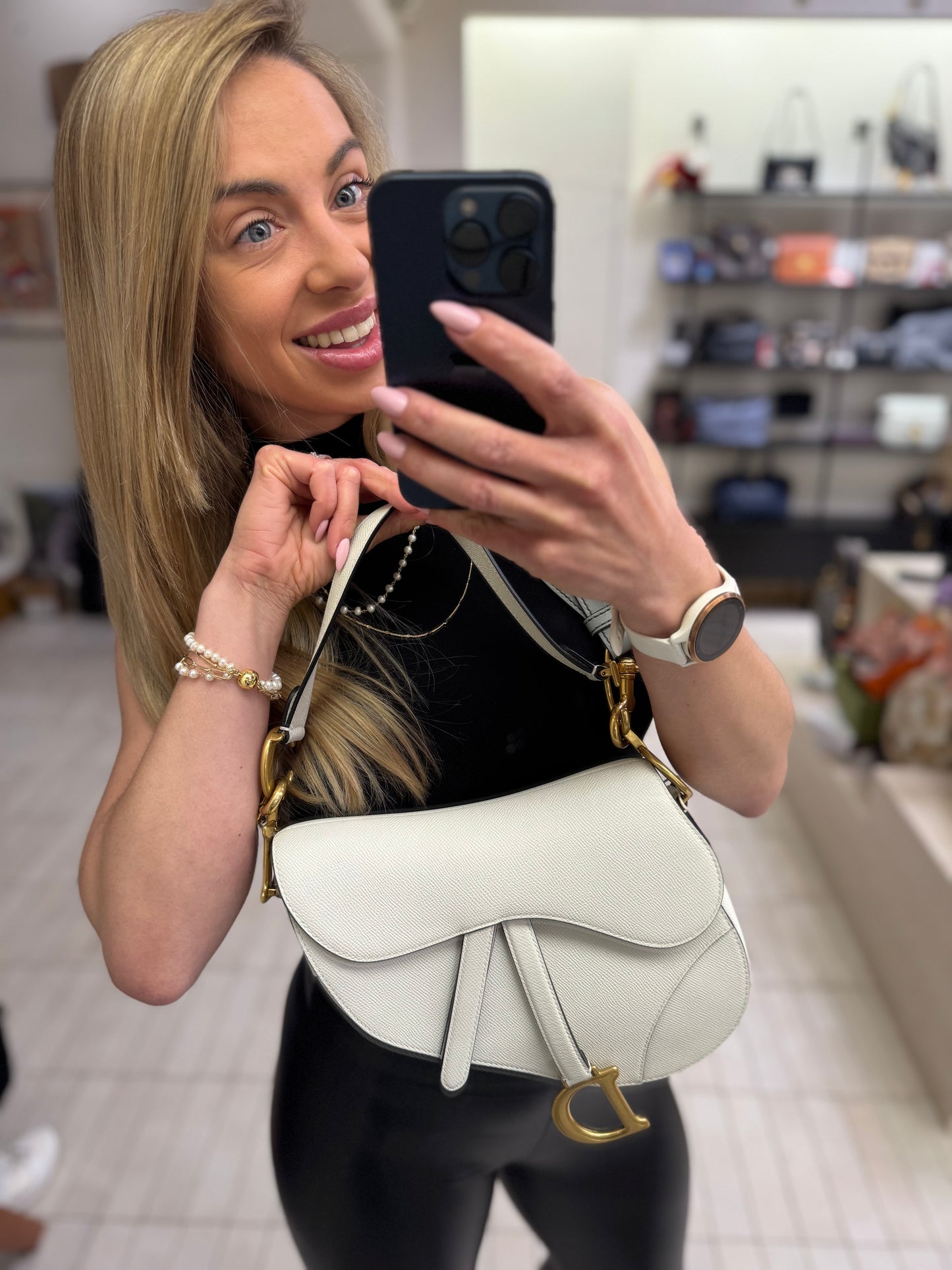 Pre-owned Dior Medium Saddle White Calfskin with Golden Hardware, 2021, Full Set with Dior Strap