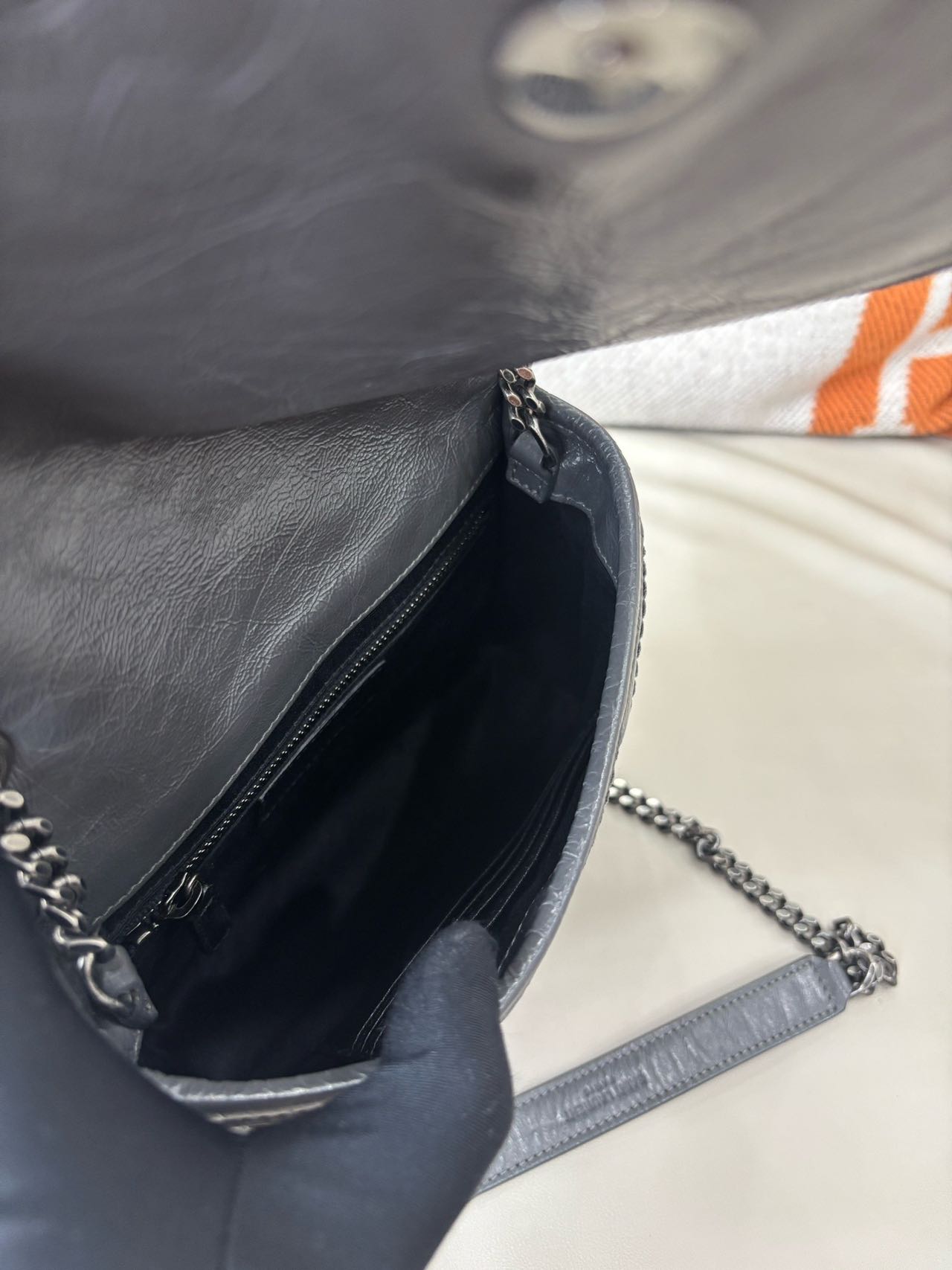 Pre-owned Certified Saint Laurent YSL Baby Niki Bag Gray Vintage Calfskin with Silver Hardware, 2019, w/ dust bag