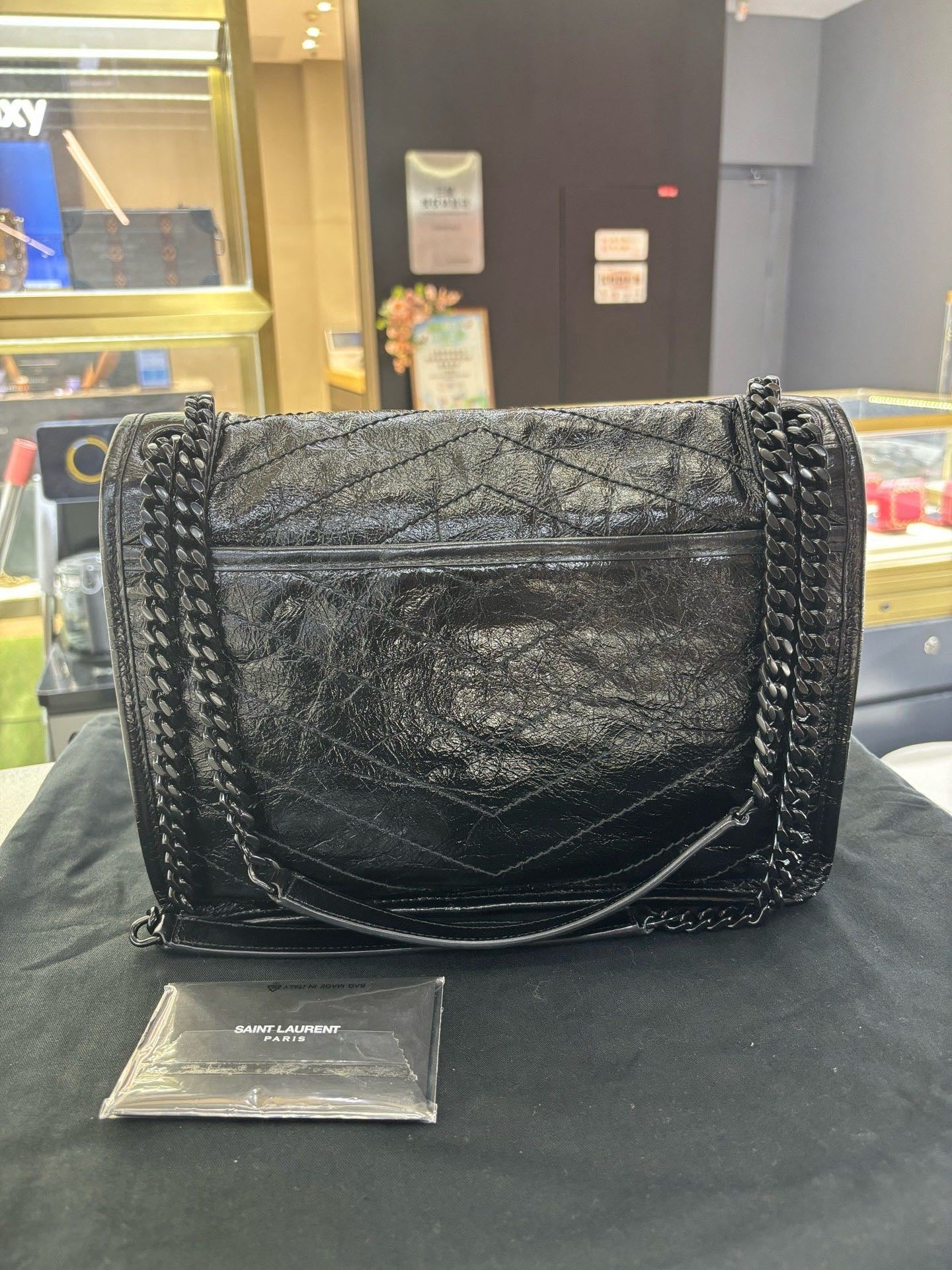 Pre-owned Certified Saint Laurent YSL Niki Medium So Black Shiny Vintage Calfskin, 2019, w/ dust bag