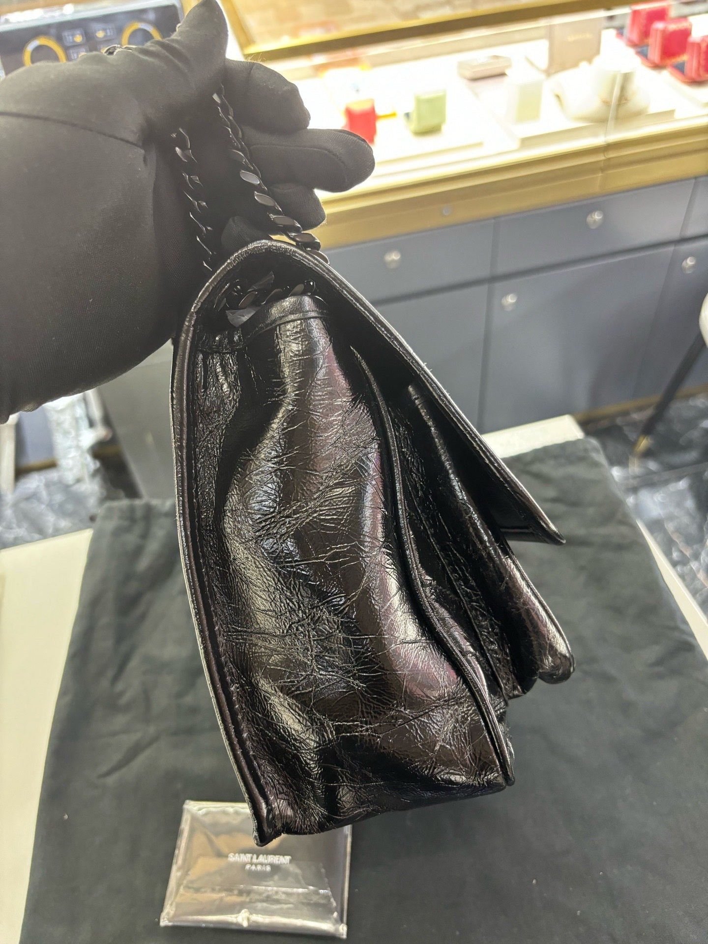 Pre-owned Certified Saint Laurent YSL Niki Medium So Black Shiny Vintage Calfskin, 2019, w/ dust bag