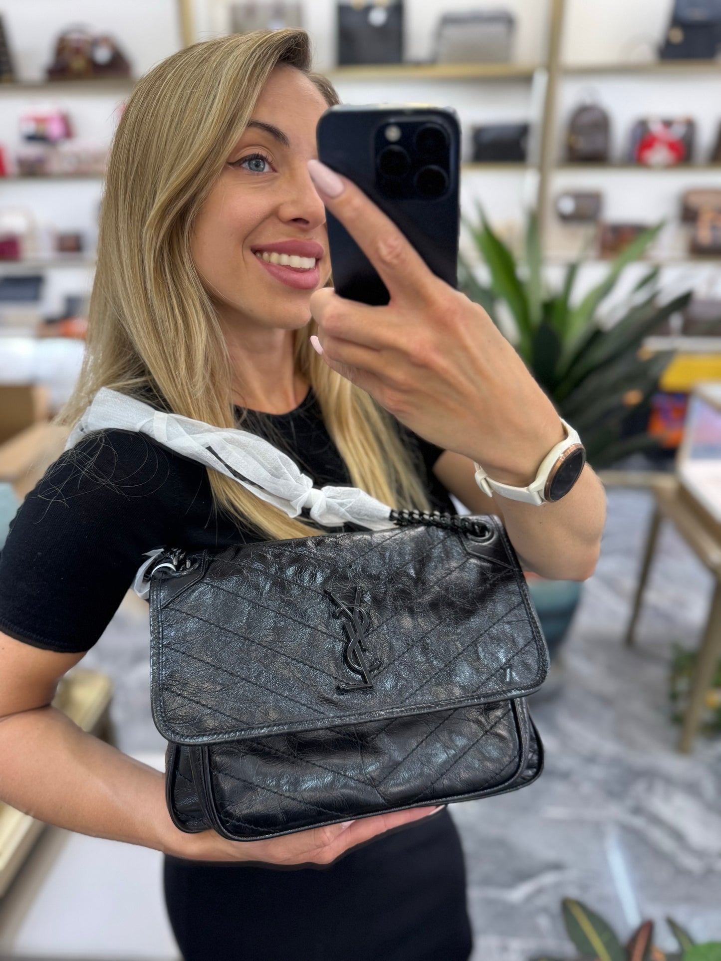 Pre-owned Certified Saint Laurent YSL Niki Medium So Black Shiny Vintage Calfskin, 2019, w/ dust bag