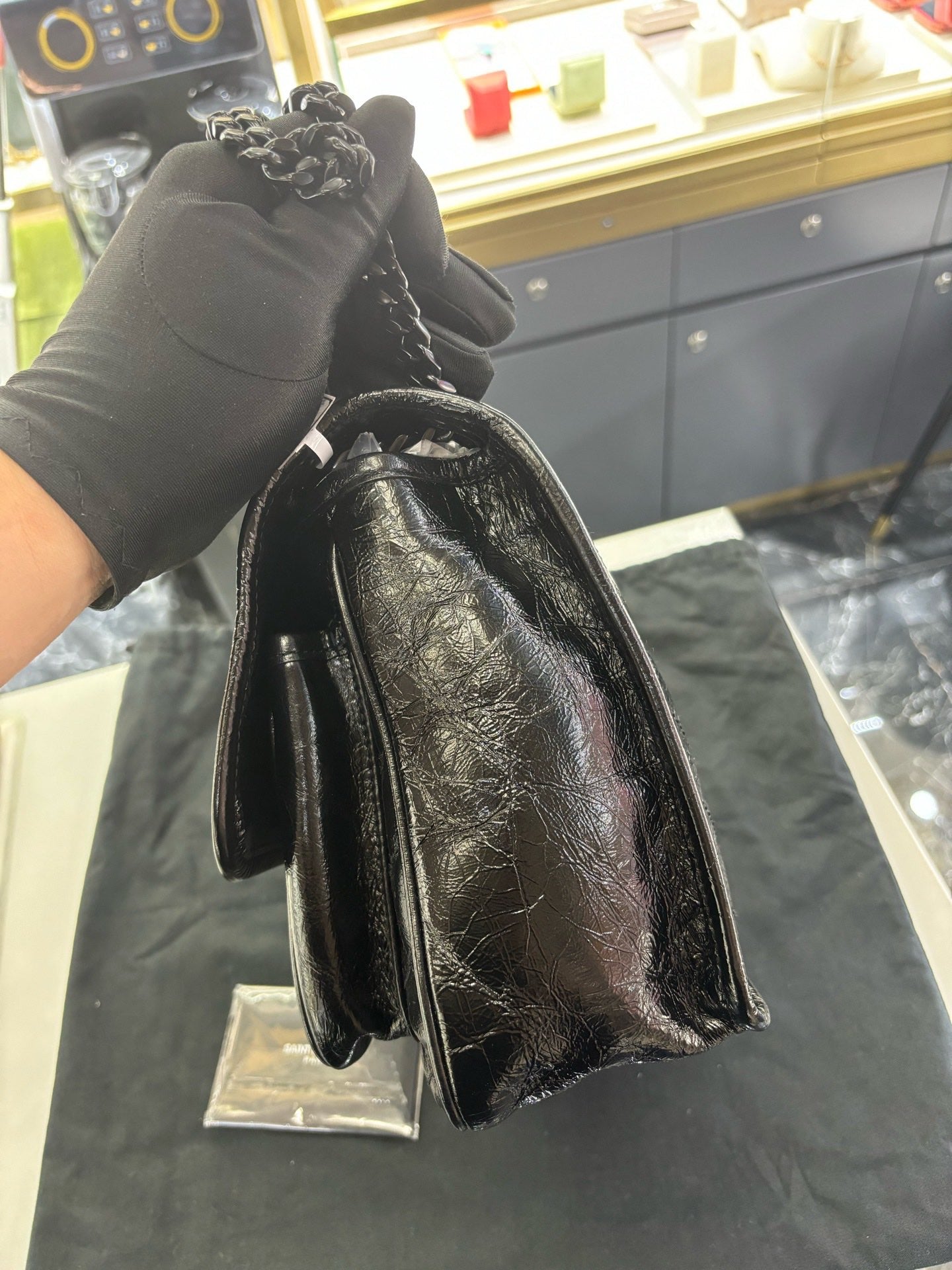 Pre-owned Certified Saint Laurent YSL Niki Medium So Black Shiny Vintage Calfskin, 2019, w/ dust bag