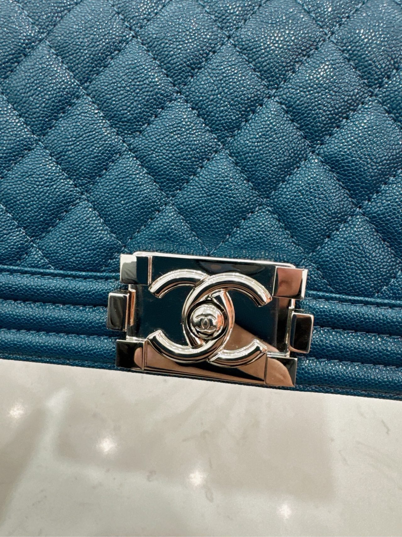 Pre-owned Chanel Small Le Boy Dark Blue Caviar Leather with Silver Hardware, 2019-2020, w/ box, dust bag