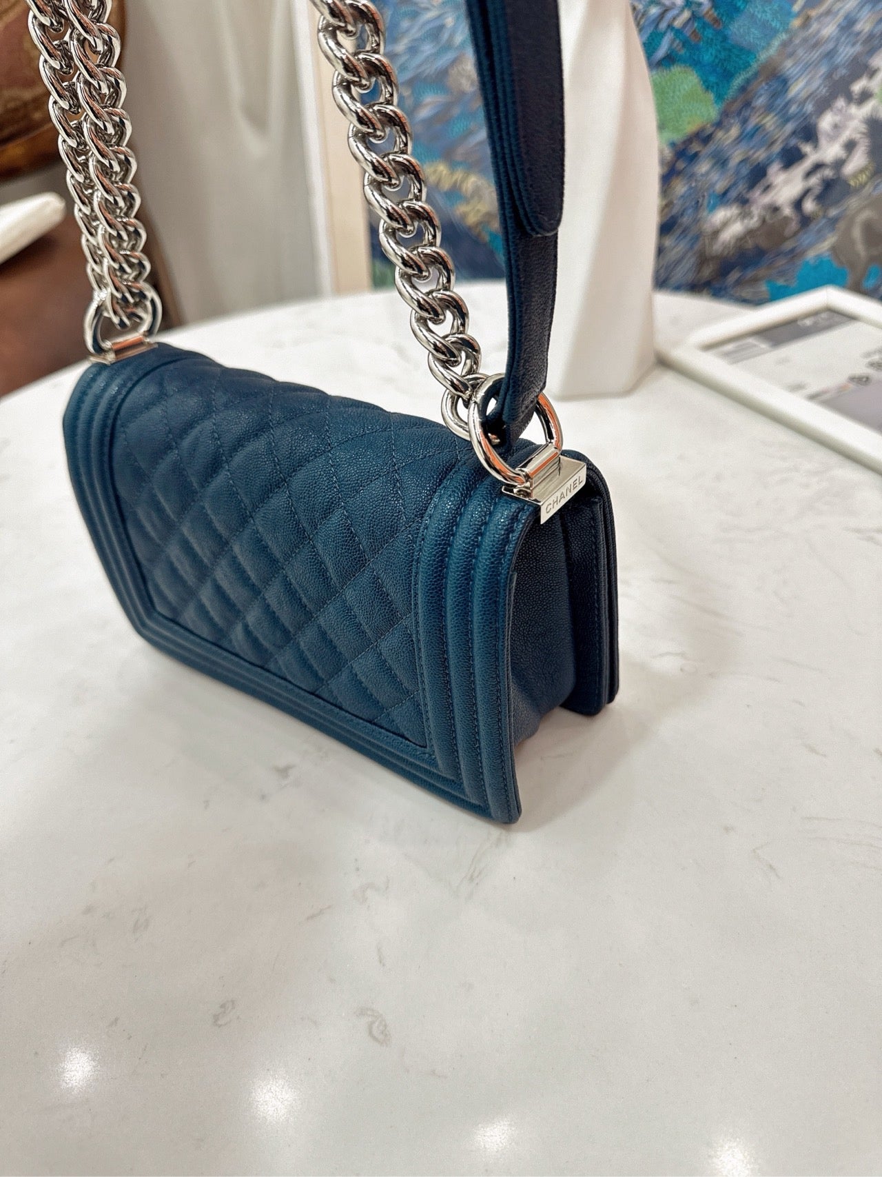 Pre-owned Chanel Small Le Boy Dark Blue Caviar Leather with Silver Hardware, 2019-2020, w/ box, dust bag