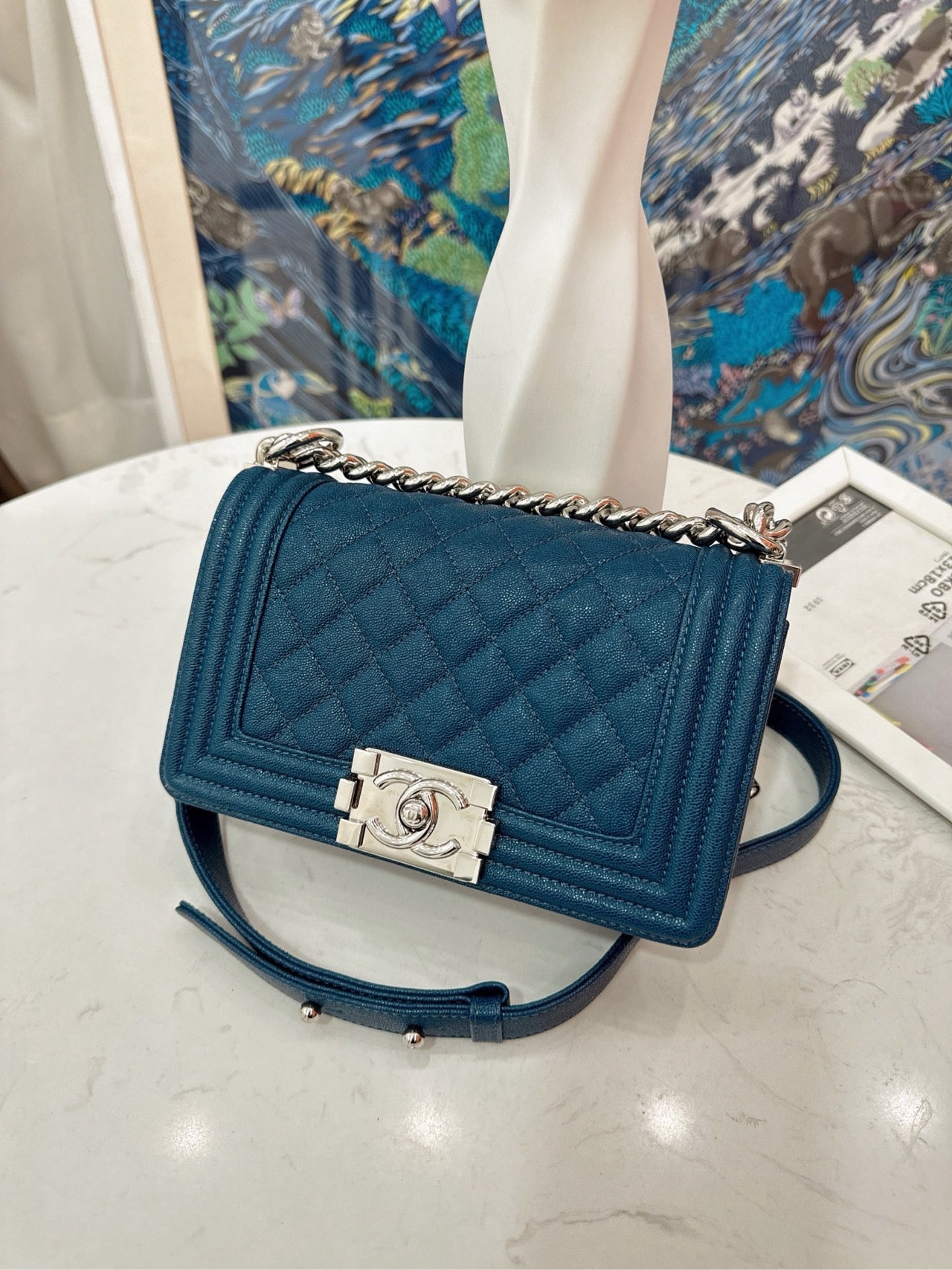 Pre-owned Chanel Small Le Boy Dark Blue Caviar Leather with Silver Hardware, 2019-2020, w/ box, dust bag