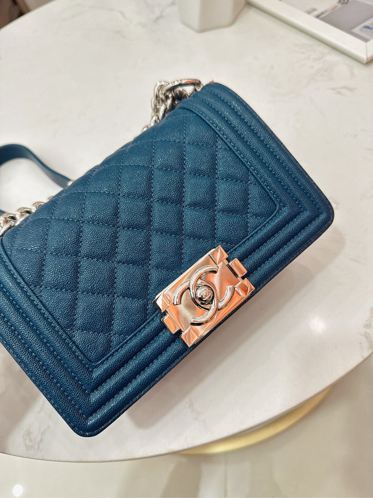 Pre-owned Chanel Small Le Boy Dark Blue Caviar Leather with Silver Hardware, 2019-2020, w/ box, dust bag