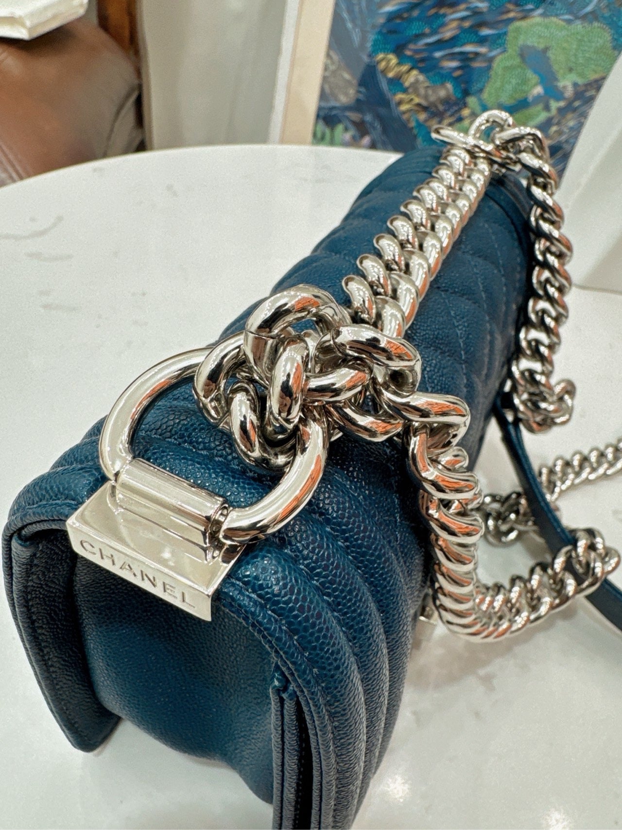 Pre-owned Chanel Small Le Boy Dark Blue Caviar Leather with Silver Hardware, 2019-2020, w/ box, dust bag