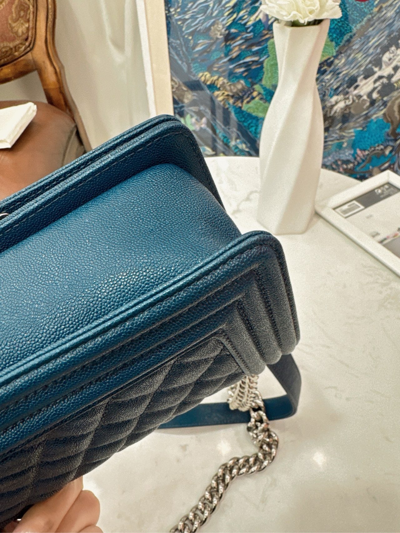 Pre-owned Chanel Small Le Boy Dark Blue Caviar Leather with Silver Hardware, 2019-2020, w/ box, dust bag