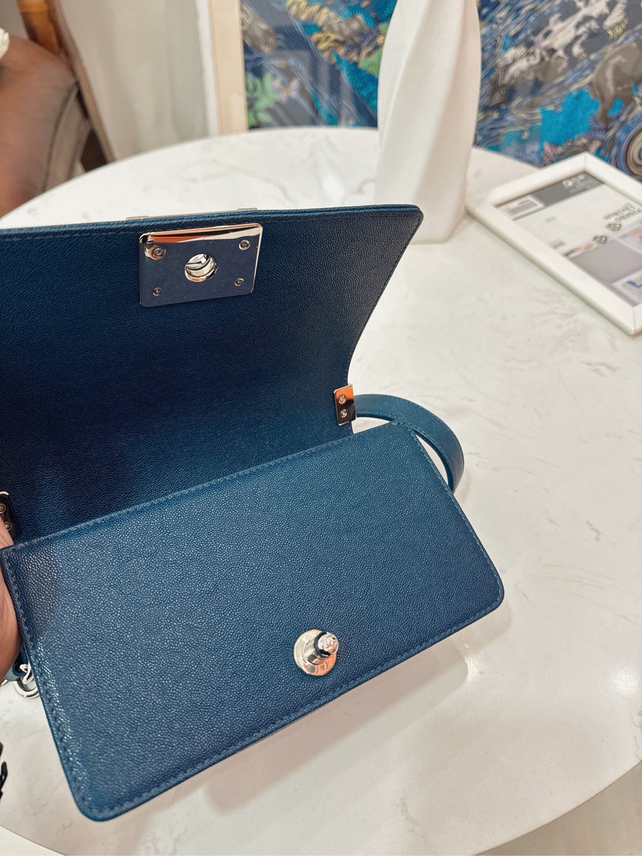 Pre-owned Chanel Small Le Boy Dark Blue Caviar Leather with Silver Hardware, 2019-2020, w/ box, dust bag