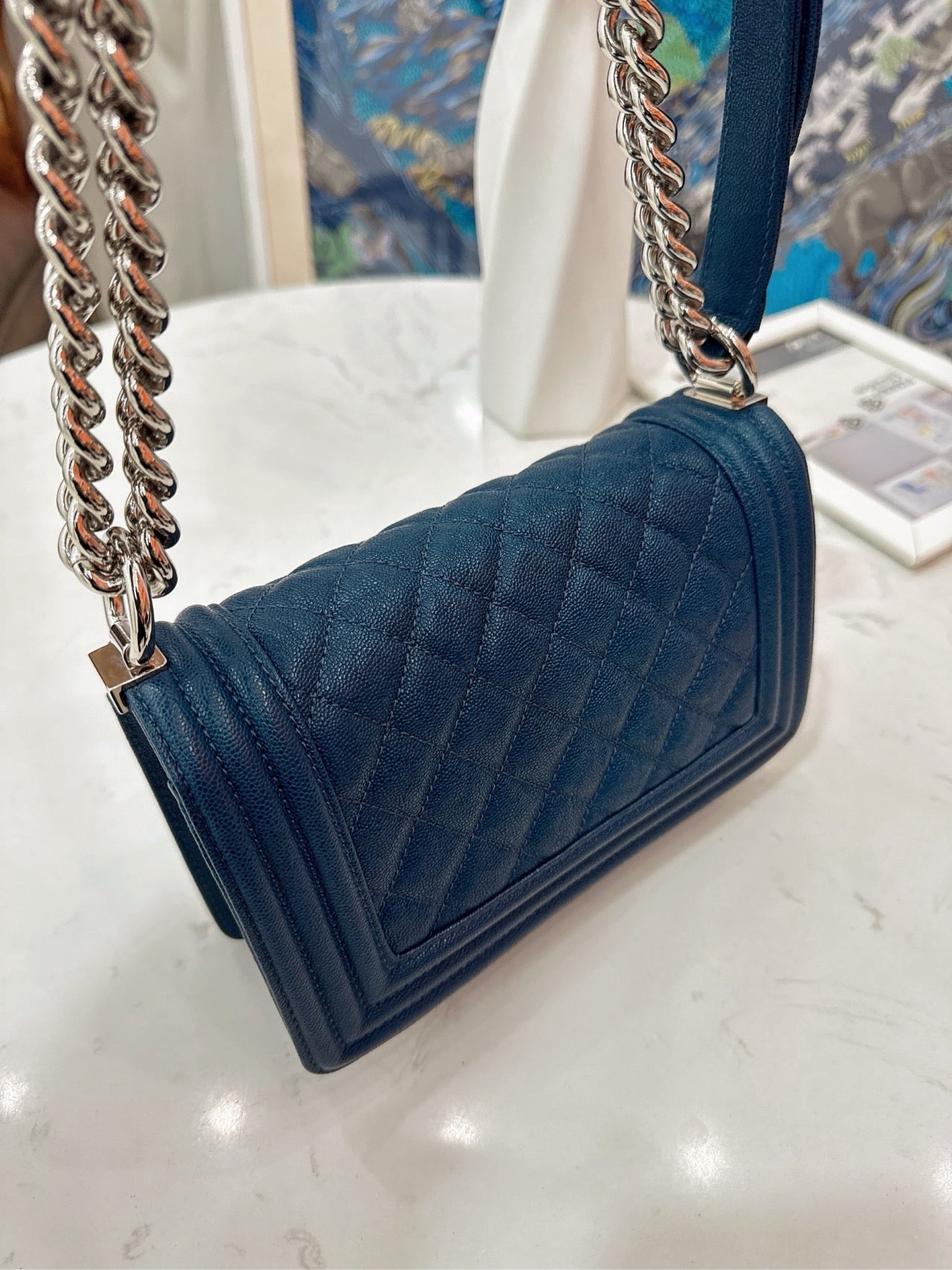 Pre-owned Chanel Small Le Boy Dark Blue Caviar Leather with Silver Hardware, 2019-2020, w/ box, dust bag