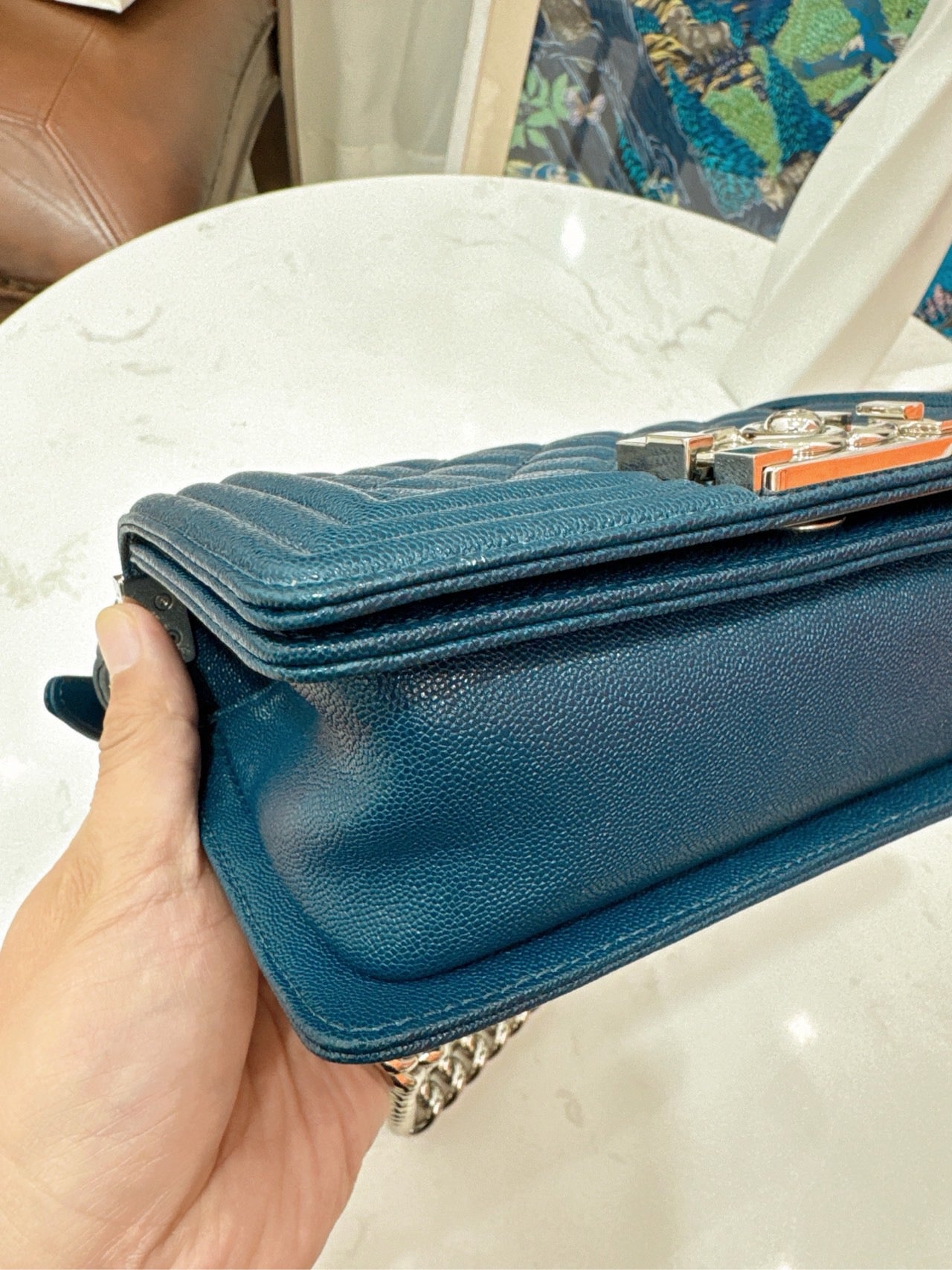 Pre-owned Chanel Small Le Boy Dark Blue Caviar Leather with Silver Hardware, 2019-2020, w/ box, dust bag