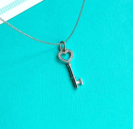 Pre-owned Certified Tiffany&Co. Diamond Heart Keys Pendant with Necklace, 18K White Gold with Diamonds