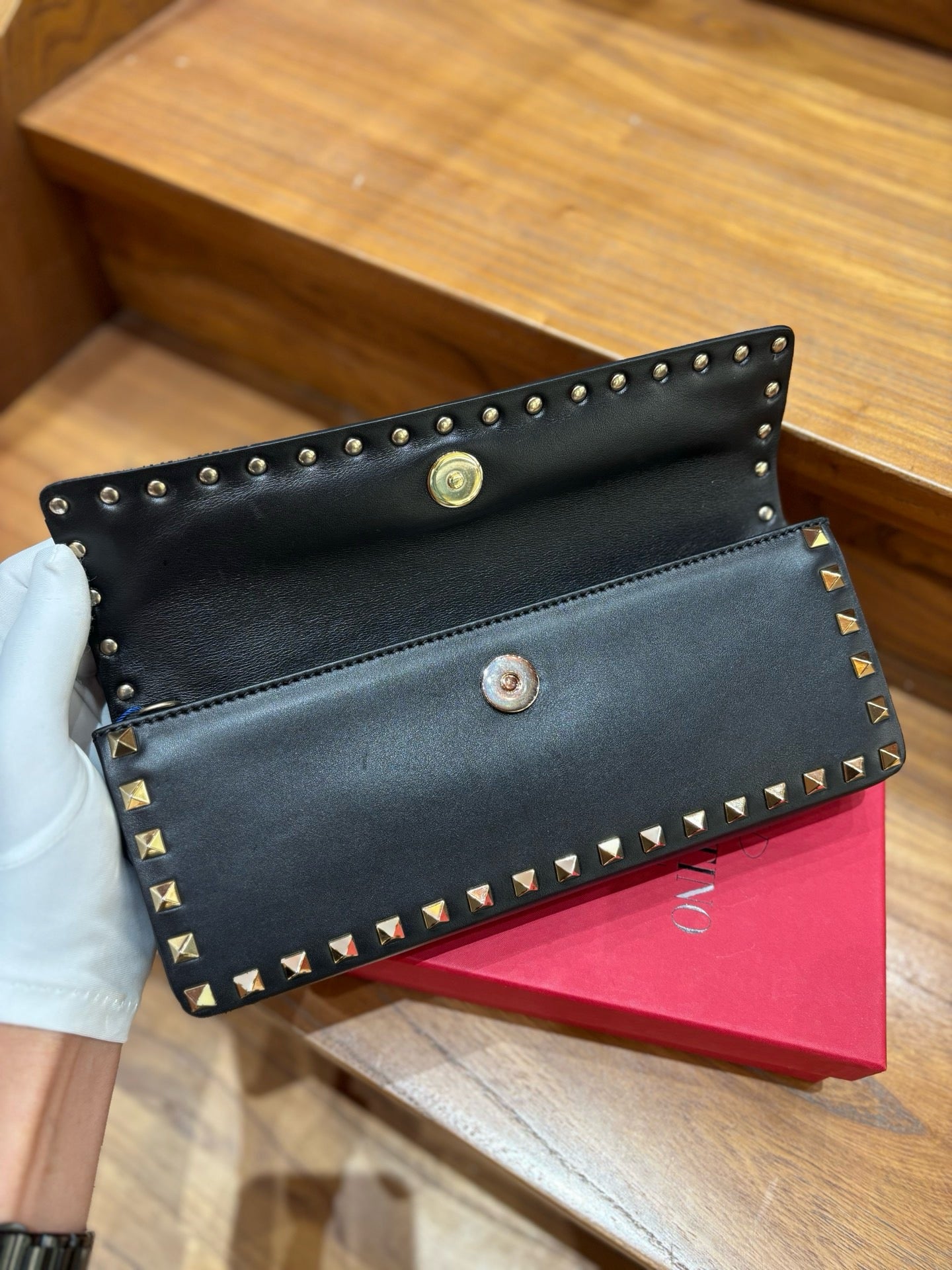 Pre-owned Certified Valentino Rockstud Bracelet Clutch Black Calfskin, Golden Hw, w/ Full set - box, dust bag, removable bracelet