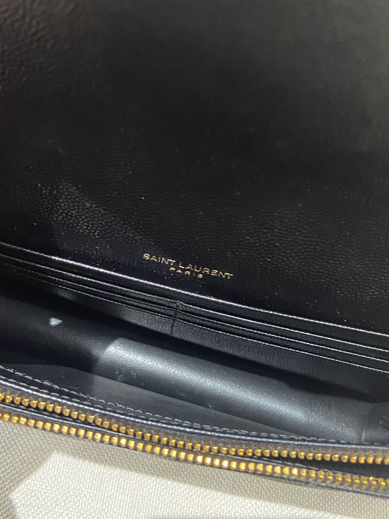 Pre-owned Certified YSL Saint Laurent Cassandre Envelope Chain Wallet in Black Caviar Leather with Golden Hardware, w/ dust bag