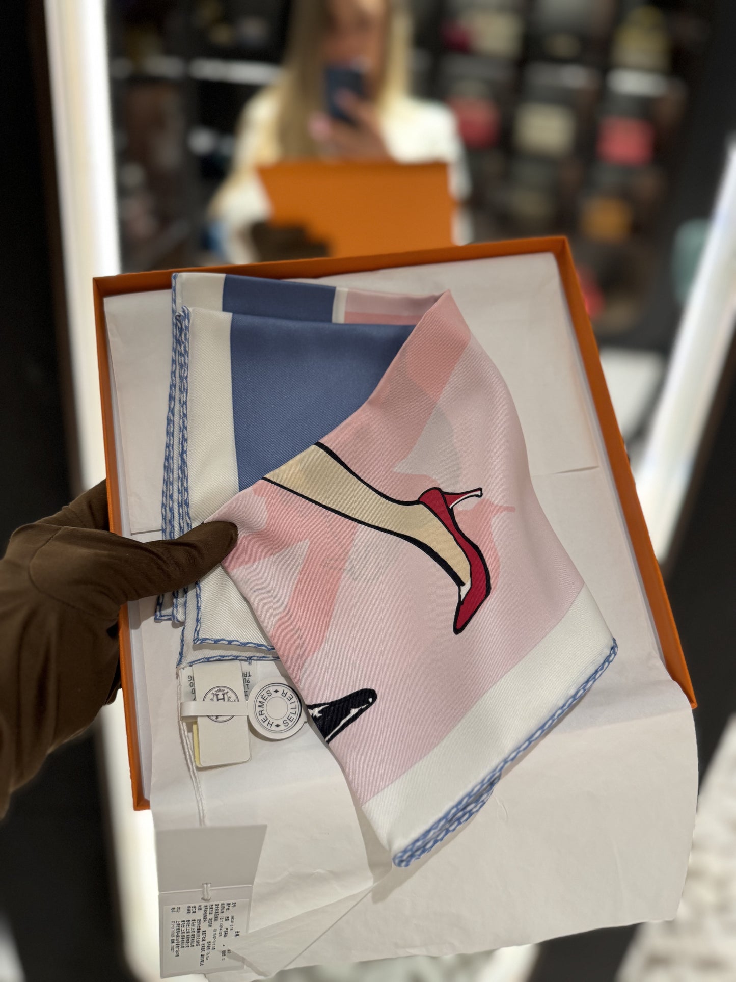 Not Used with Tags Silk Scarf “Swinging Saint Germain”, 70x70 cm, in Blue jean, rose and white