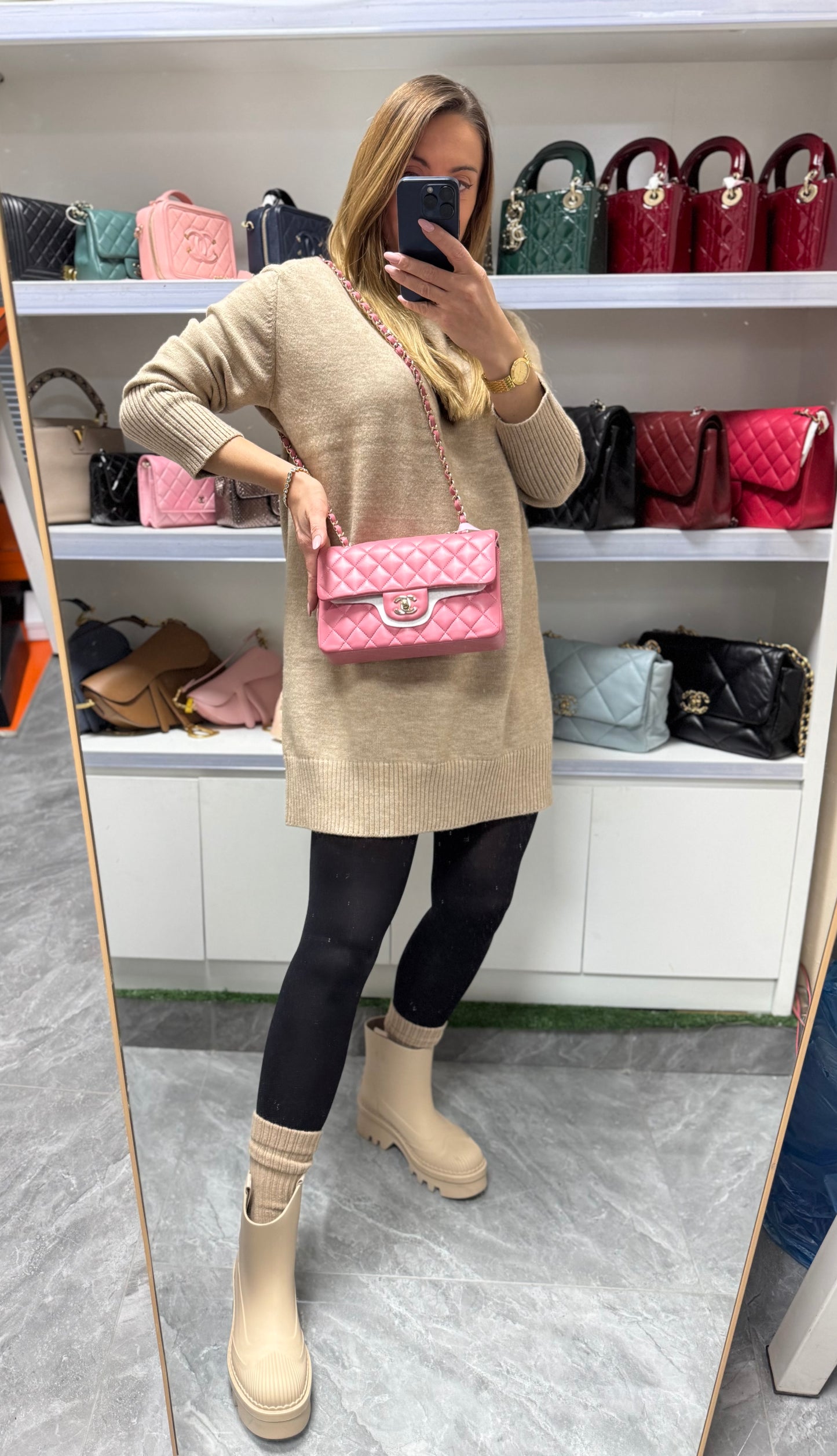 Pre-owned Certified Chanel Small CF Double Classic Flap in Pink Lambskin with Light Golden Hardware, Microchipped, w/ full set