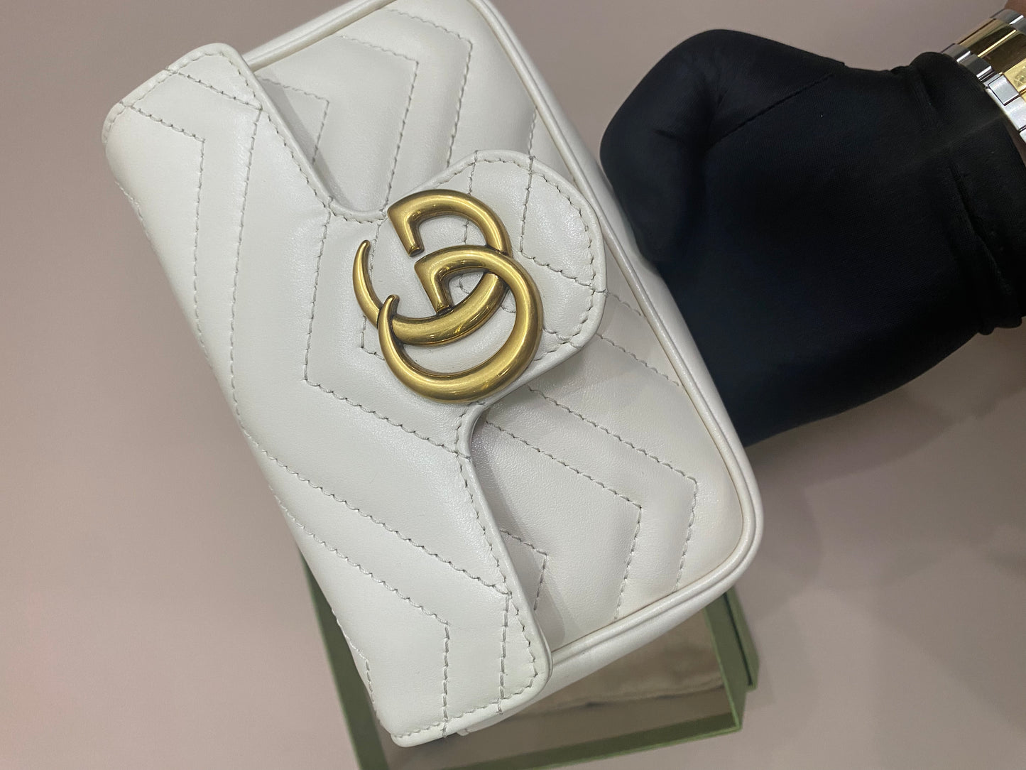 Pre-owned GG Gucci Marmont Flap Supermini White w/ Golden Hardware, A condition