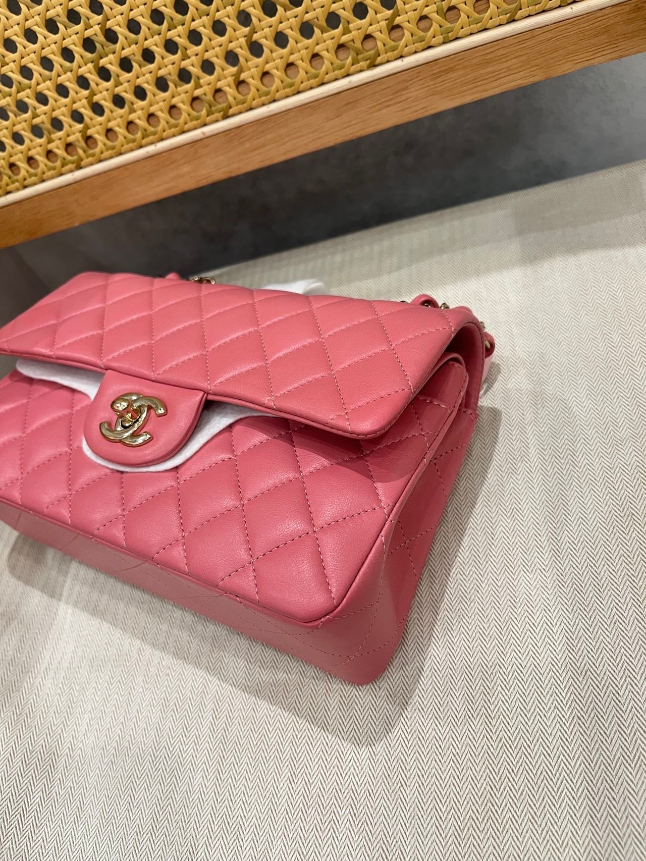 Pre-owned Certified Chanel Small CF Double Classic Flap in Pink Lambskin with Light Golden Hardware, Microchipped, w/ full set