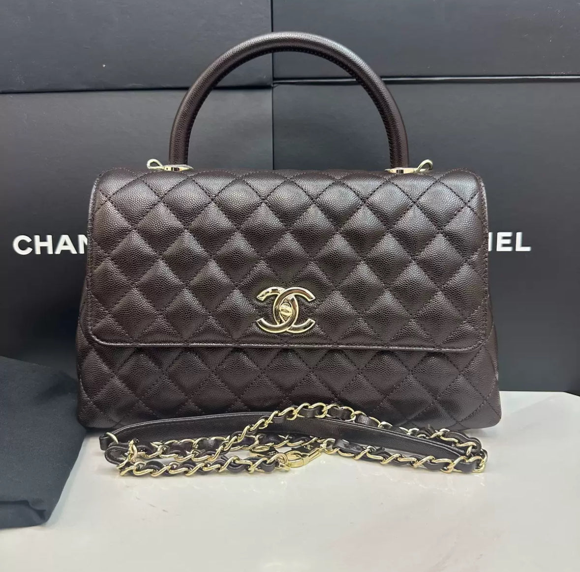Pre-owned Certified Chanel Coco Handle Medium in Dark Brown Caviar Leather, Light Golden Hardware, Microchipped, w/ full set