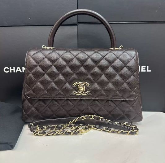 Pre-owned Certified Chanel Coco Handle Medium in Dark Brown Caviar Leather, Light Golden Hardware, Microchipped, w/ full set