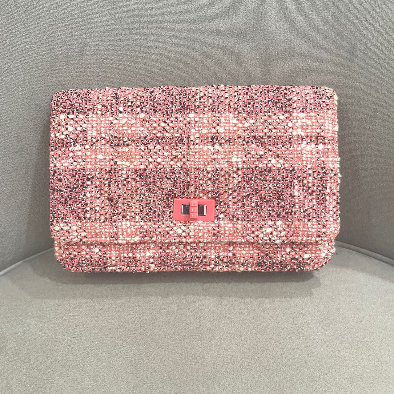 Pre-owned Chanel 2.55 WOC Wallet on Chain in Pink Tweed, 2019, w/ card, dust bag