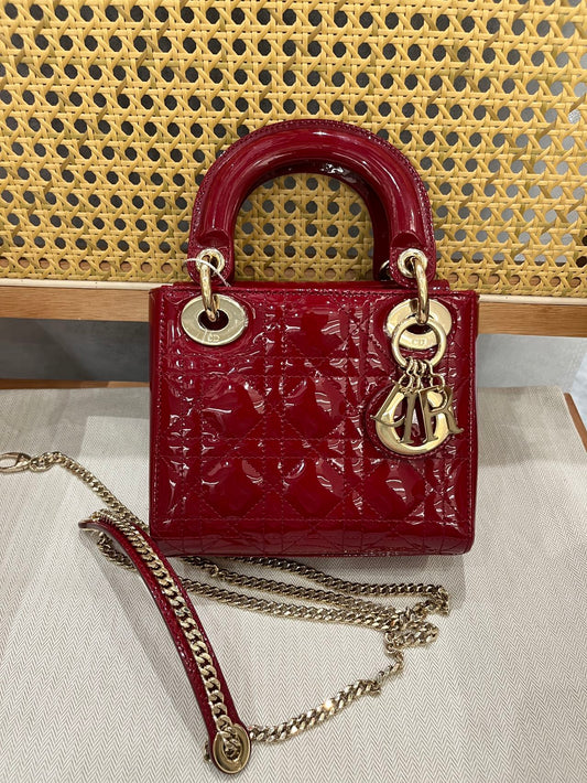 Pre-owned Certified Dior Mini Lady Dior in Dark Cherry Red Patent Leather with Light Golden Hardware, 2019, w/ full set