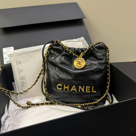 Pre-owned Certified Chanel Mini 22Bag Black Lambskin Golden Hw, Microchipped, w/ Full Set - Box, dust bag