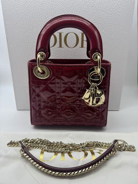Pre-owned Certified Dior Mini Lady Dior in Dark Red Patent Leather with Golden Hardware, 2019, w/ Full set