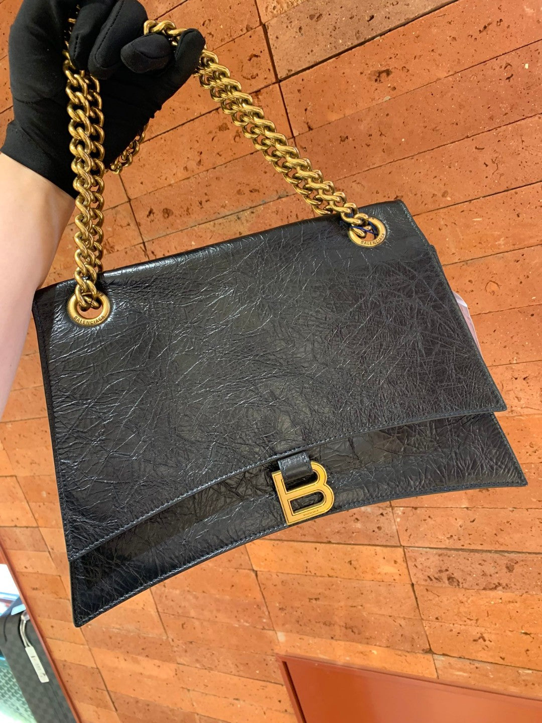 Pre-owned Certified Balenciaga Crush Chain Bag Medium Black Crushed Calfskin Golden Hardware, w/ dust bag