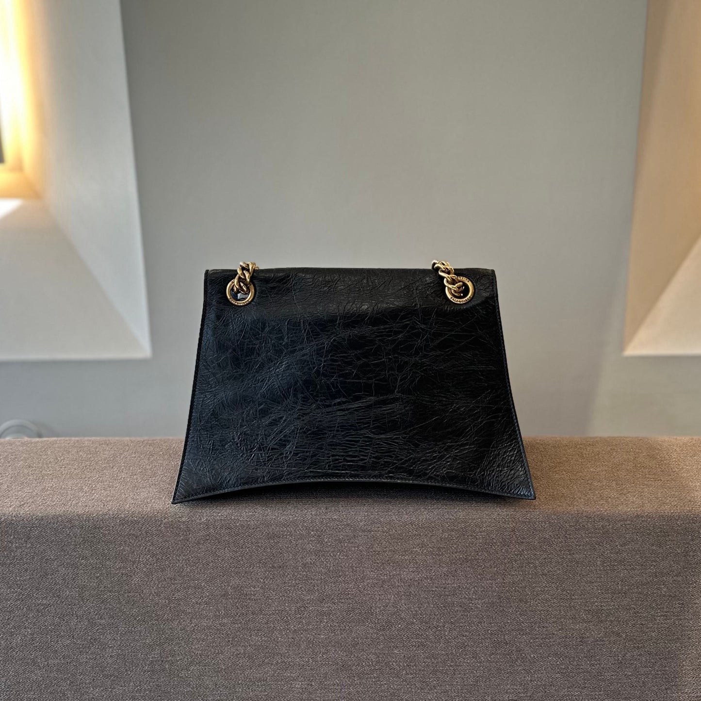 Pre-owned Certified Balenciaga Crush Chain Bag Medium Black Crushed Calfskin Golden Hardware, w/ dust bag