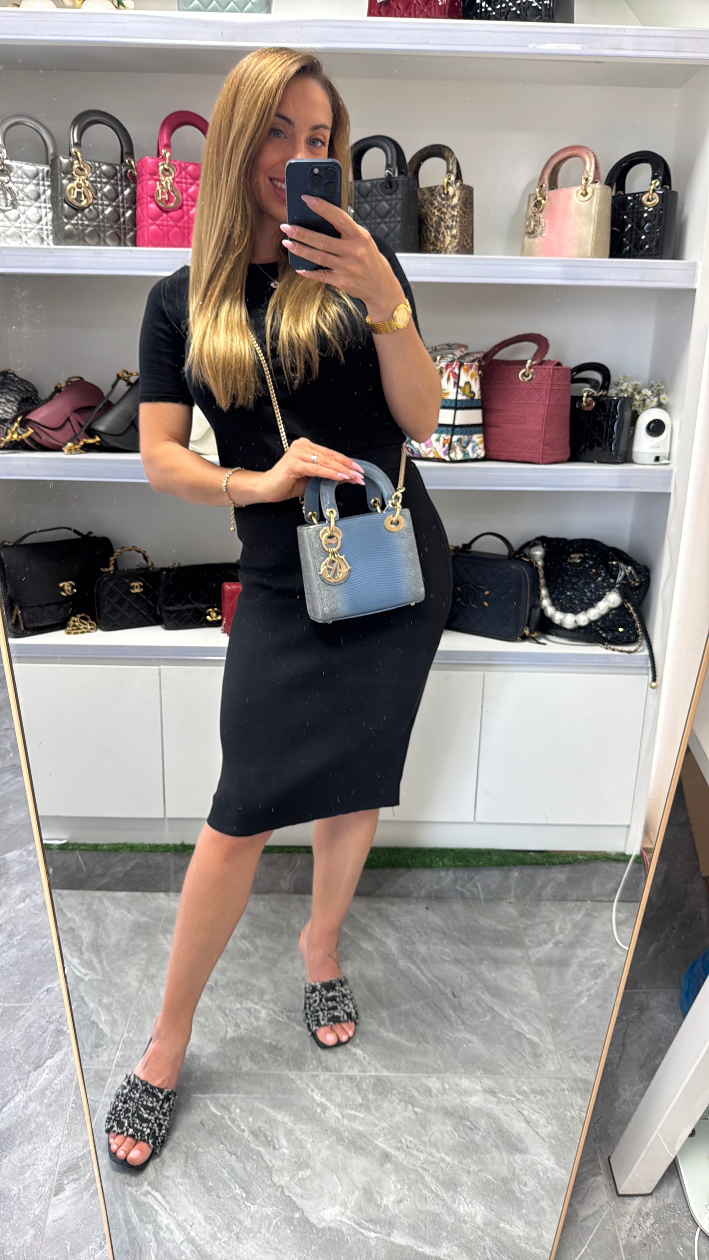 Pre-owned Certified Dior Mini Lady Dior Natural Rare Lizard Skin Blue Ombre Light Golden Hardware, 2022, w/ Full Set