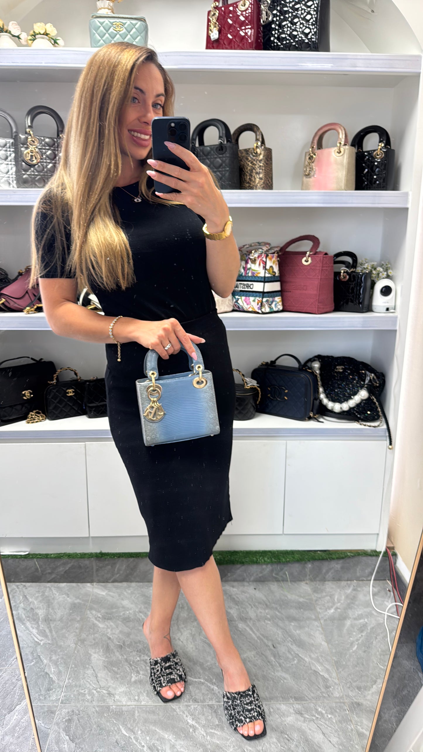 Pre-owned Certified Dior Mini Lady Dior Natural Rare Lizard Skin Blue Ombre Light Golden Hardware, 2022, w/ Full Set