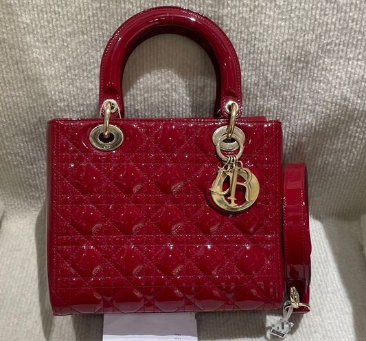Pre-owned Certified Dior Medium Lady Dior in Dark Cherry Red Patent Leather with Light Golden Hardware, 2021, w/ dust bag, leather strap