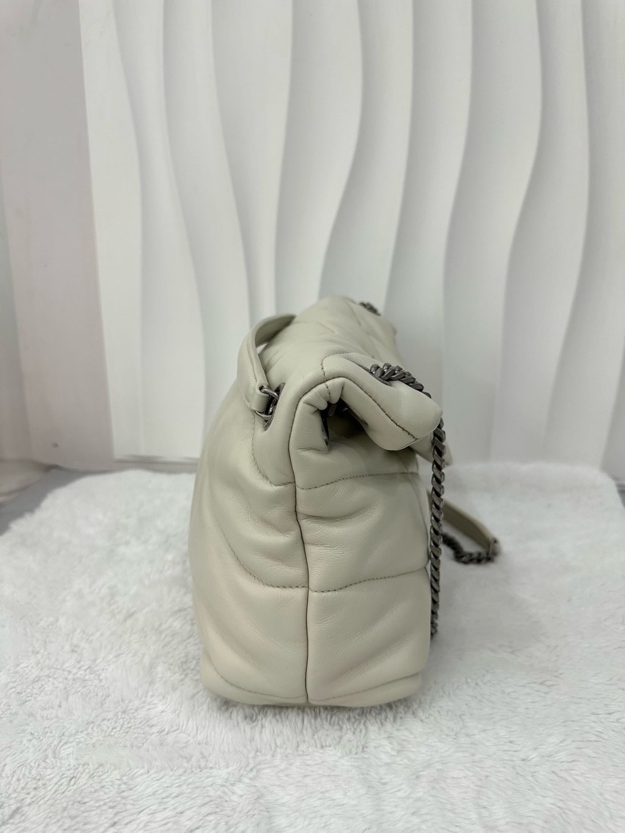 Pre-owned Certified YSL Saint Laurent Small Puffer in White Lambskin with Silver Hardware, w/ dust bag