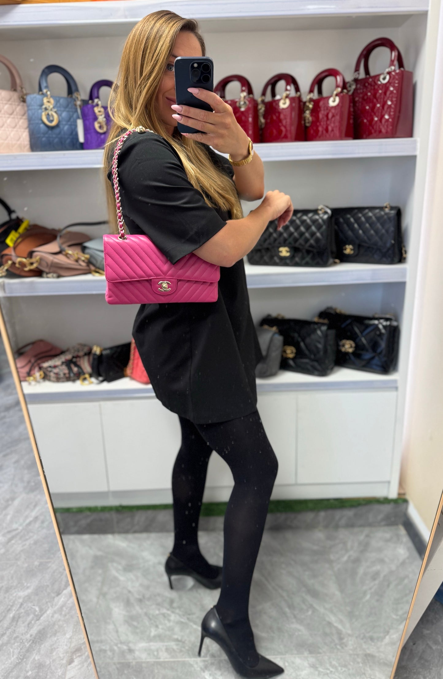 Pre-owned Certified Chanel Medium CF Double Classic Flap in Fuchsia Pink Chevron Quilted Lambskin, Light Golden Hardware, 2017-2018, w/ Full Set