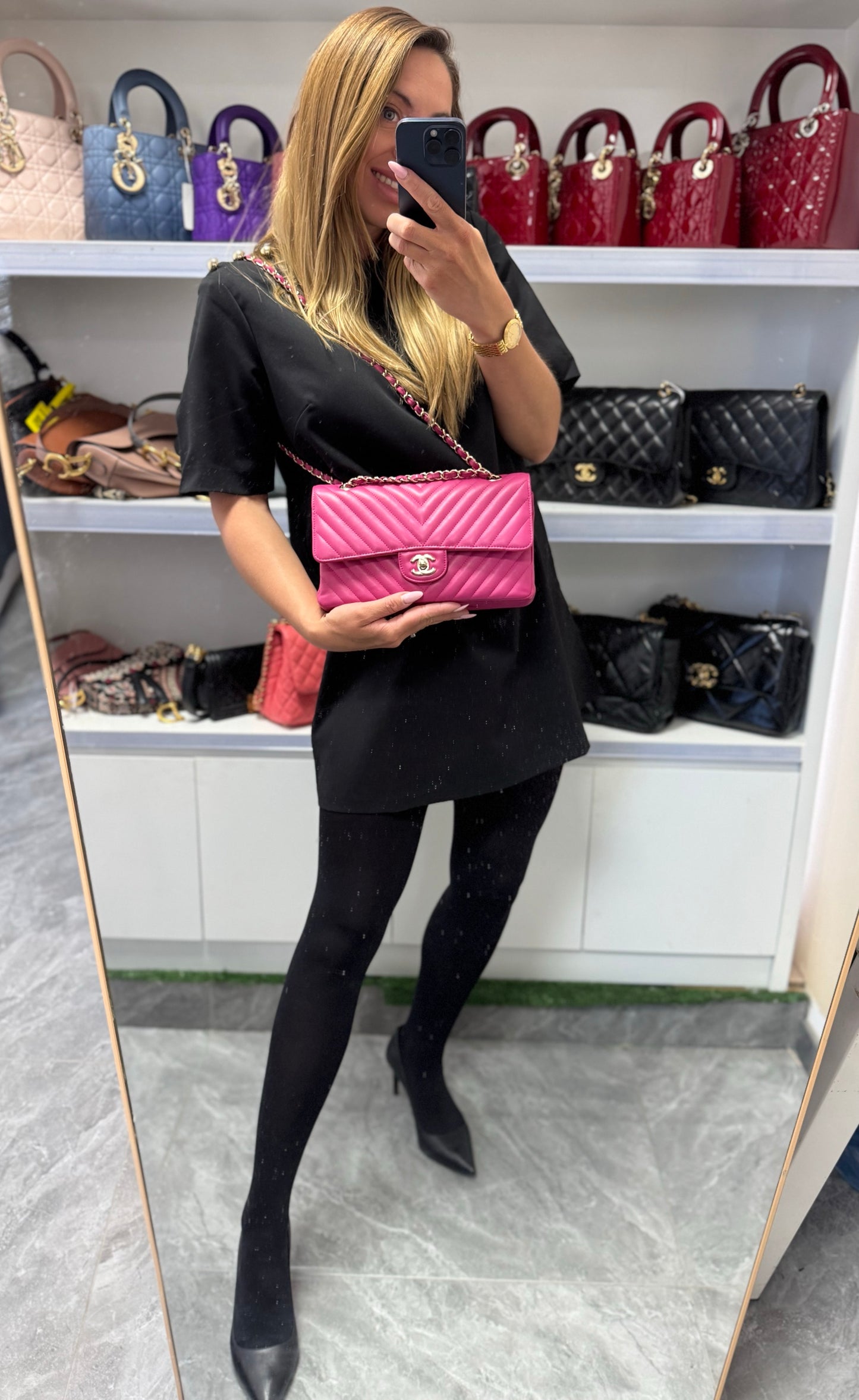 Pre-owned Certified Chanel Medium CF Double Classic Flap in Fuchsia Pink Chevron Quilted Lambskin, Light Golden Hardware, 2017-2018, w/ Full Set