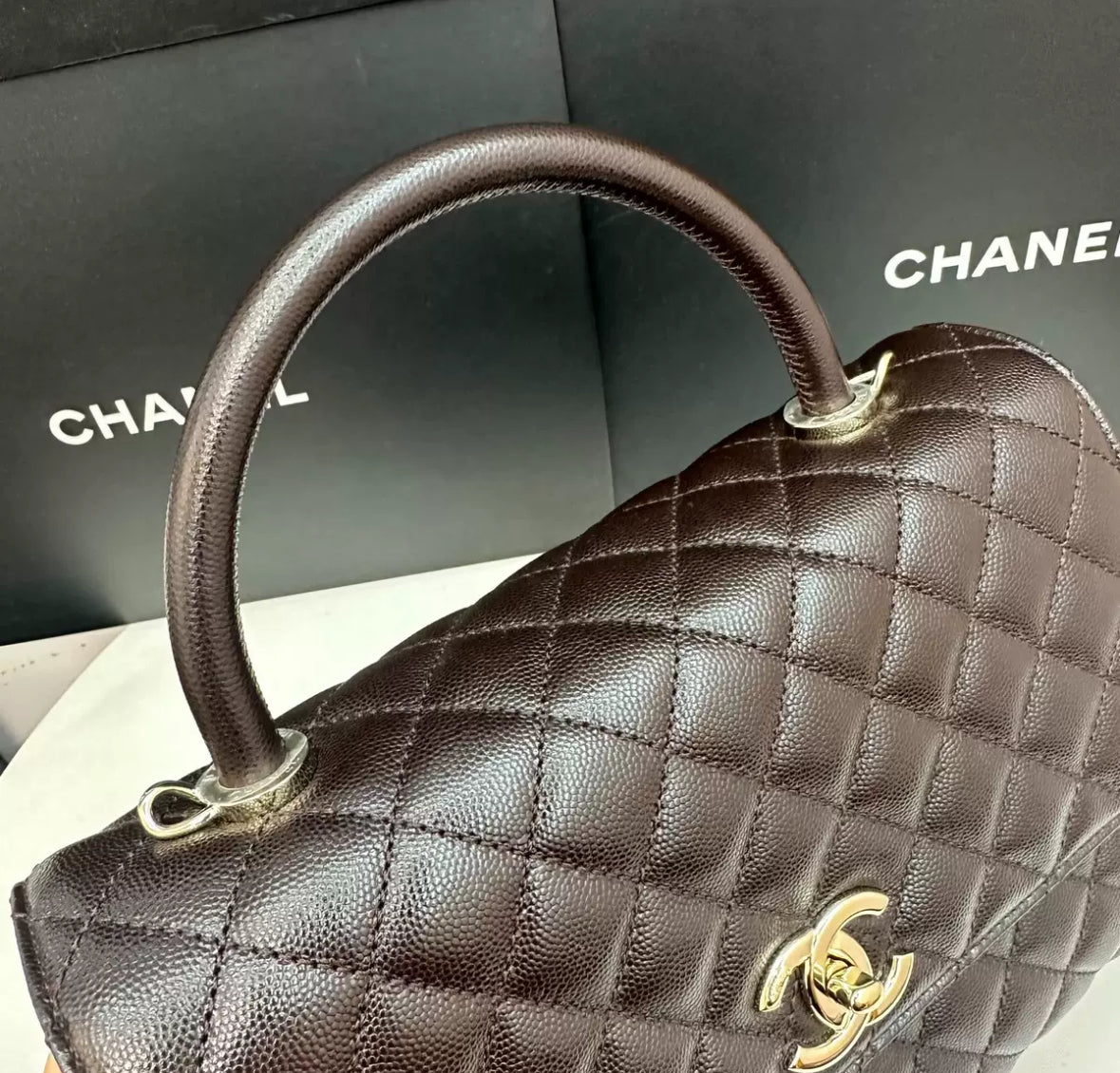 Pre-owned Certified Chanel Coco Handle Medium in Dark Brown Caviar Leather, Light Golden Hardware, Microchipped, w/ full set
