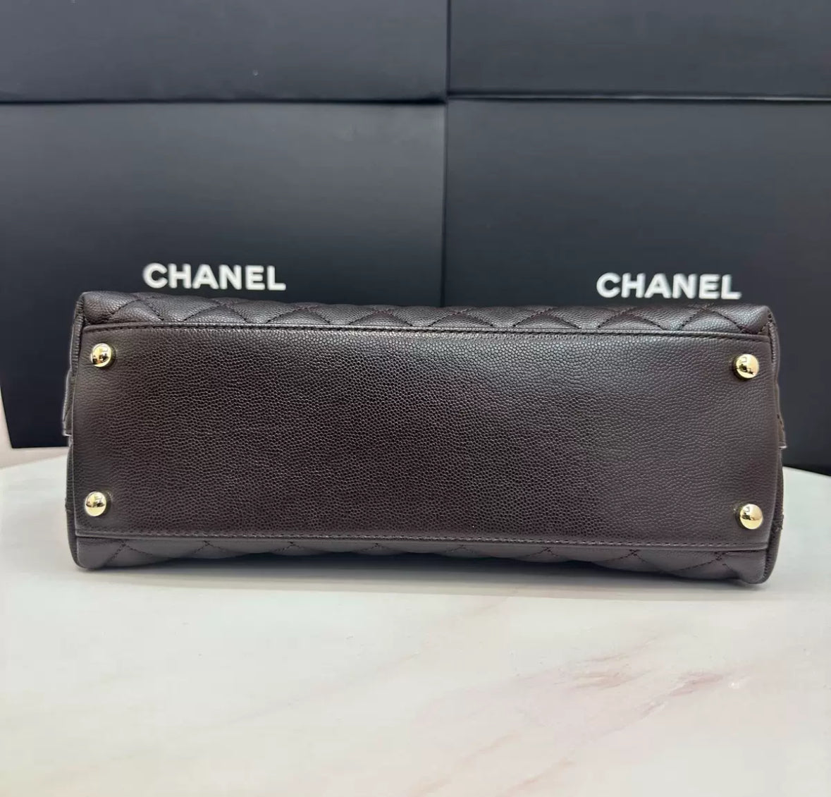 Pre-owned Certified Chanel Coco Handle Medium in Dark Brown Caviar Leather, Light Golden Hardware, Microchipped, w/ full set