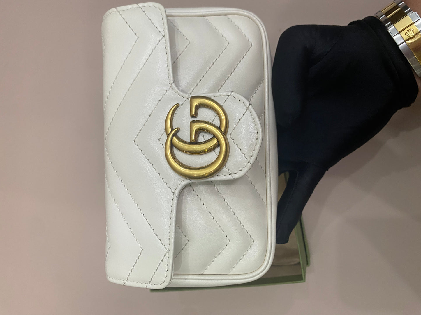 Pre-owned GG Gucci Marmont Flap Supermini White w/ Golden Hardware, A condition