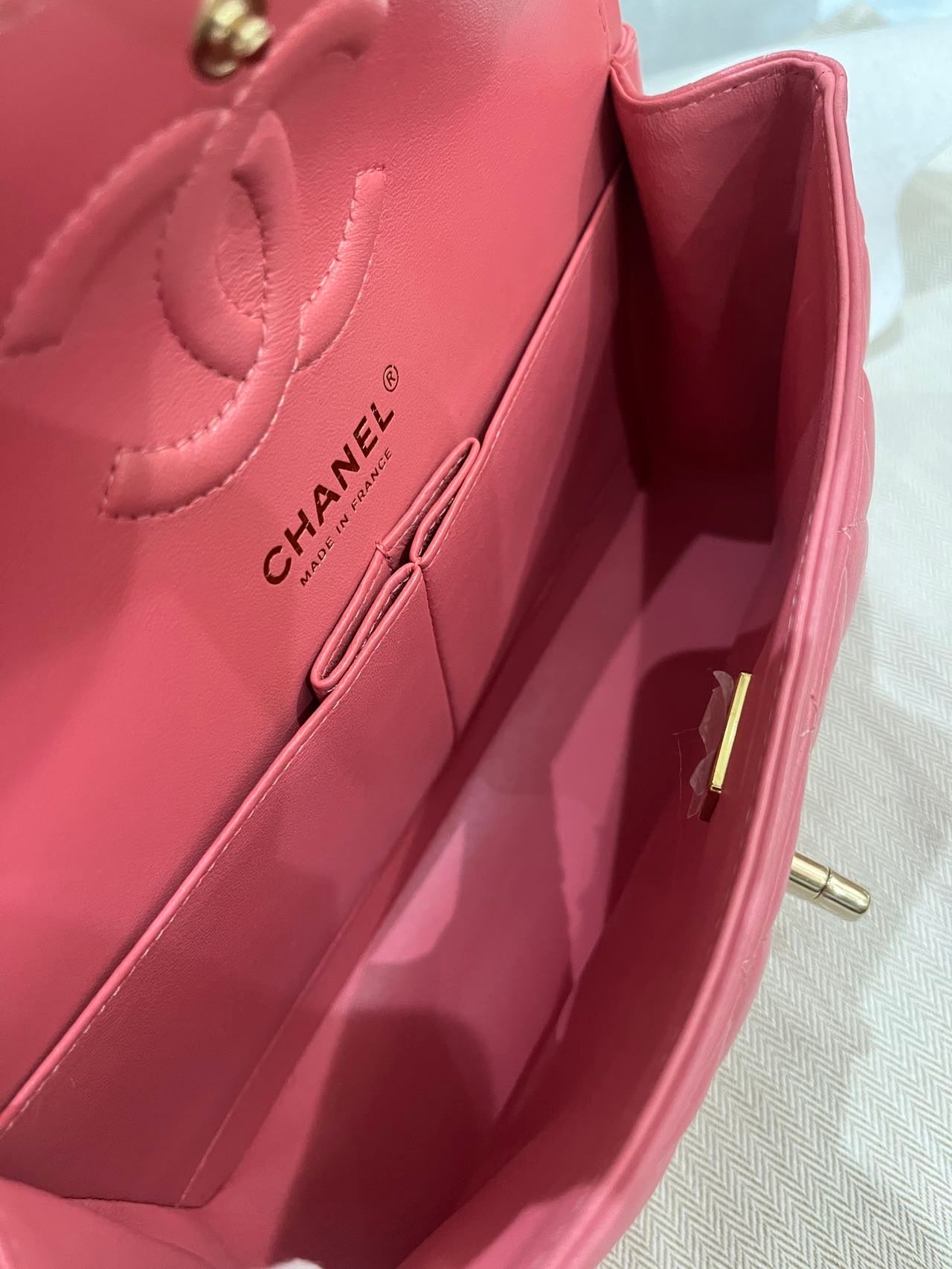 Pre-owned Certified Chanel Small CF Double Classic Flap in Pink Lambskin with Light Golden Hardware, Microchipped, w/ full set