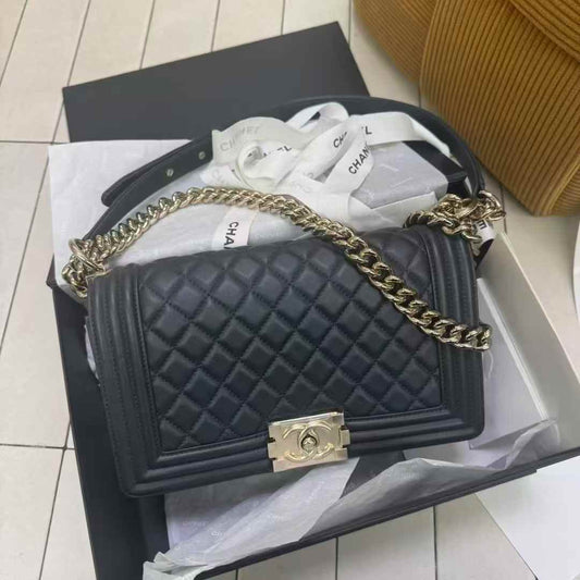 Pre-owned Chanel Medium Boy Bag Dark Grey Calfskin with Golden Hardware, 2019-2020, Full Set