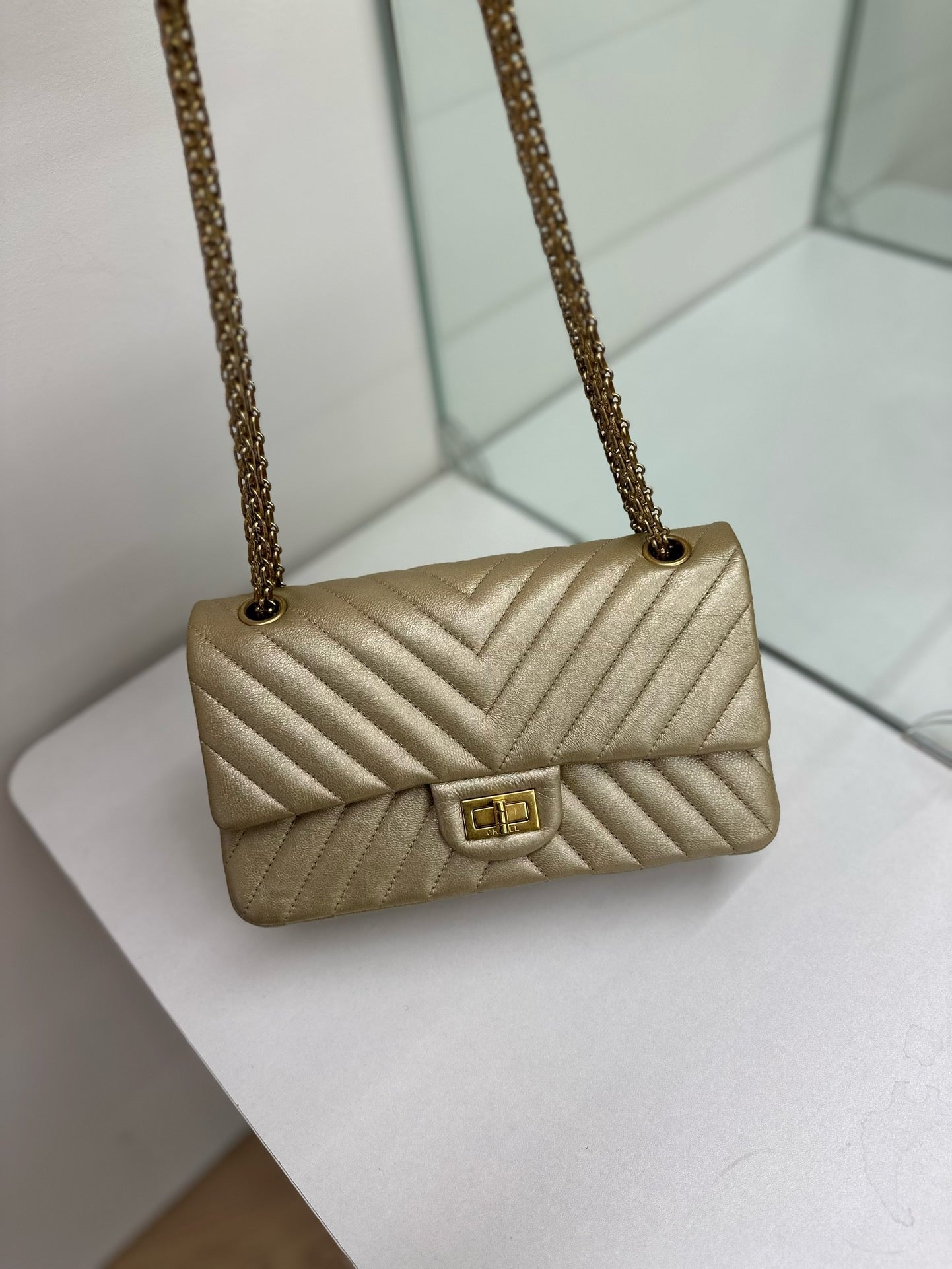 Pre-owned Chanel 2.55 Reissue Small Flap Golden Chevron Quilted, w/ card