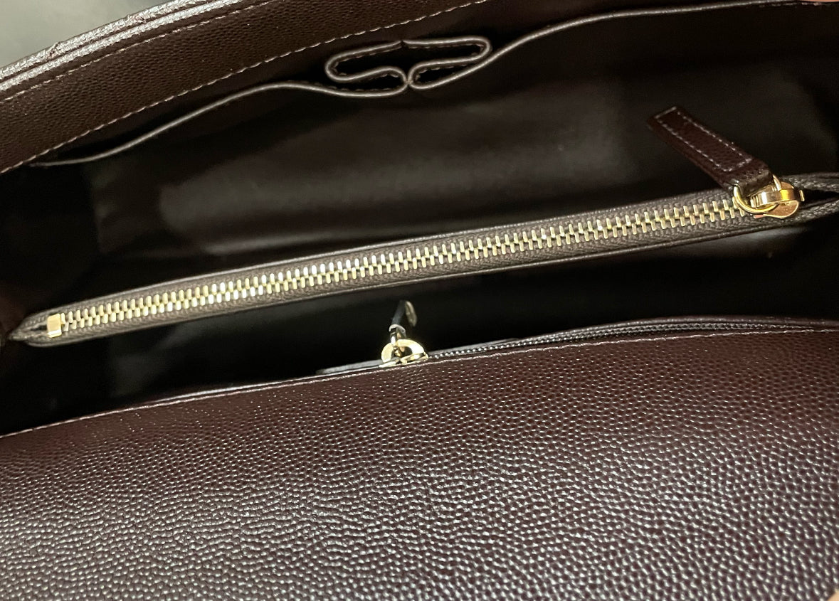 Pre-owned Certified Chanel Coco Handle Medium in Dark Brown Caviar Leather, Light Golden Hardware, Microchipped, w/ full set