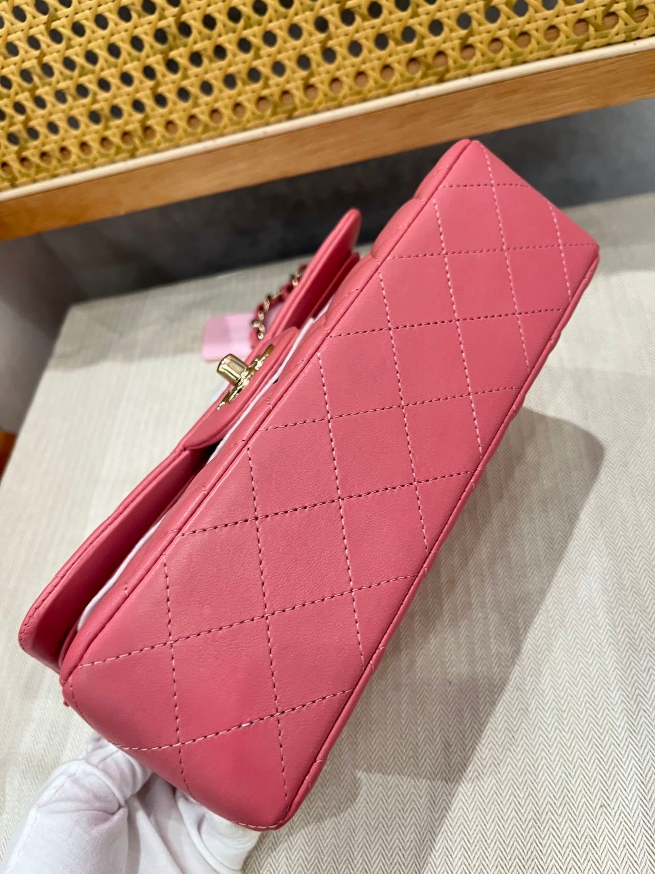 Pre-owned Certified Chanel Small CF Double Classic Flap in Pink Lambskin with Light Golden Hardware, Microchipped, w/ full set