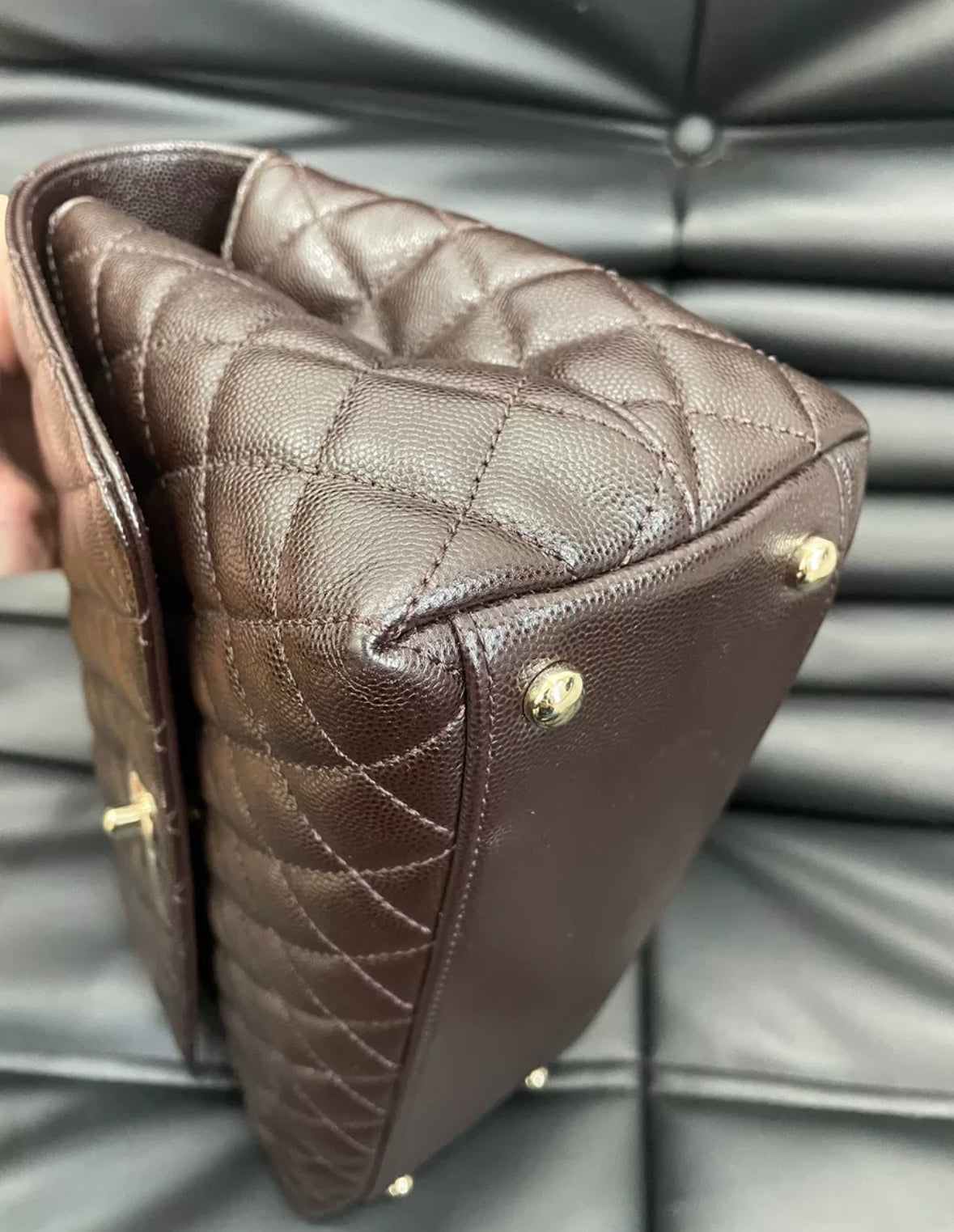 Pre-owned Certified Chanel Coco Handle Medium in Dark Brown Caviar Leather, Light Golden Hardware, Microchipped, w/ full set