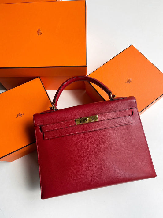 Pre-owned Vintage Hermes Kelly 32 Dark Red Epsom Leather Golden Hardware, 2003, w/ strap, lock&key