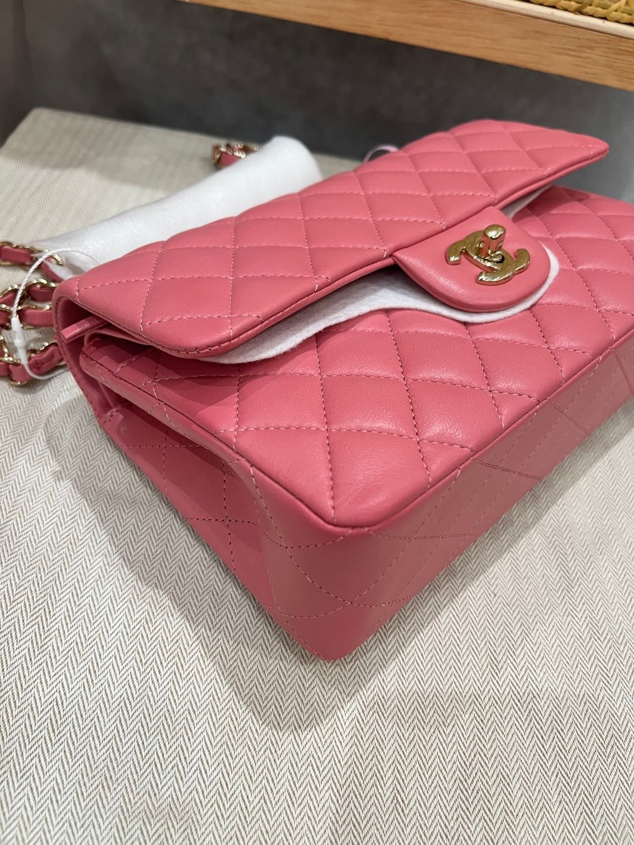 Pre-owned Certified Chanel Small CF Double Classic Flap in Pink Lambskin with Light Golden Hardware, Microchipped, w/ full set