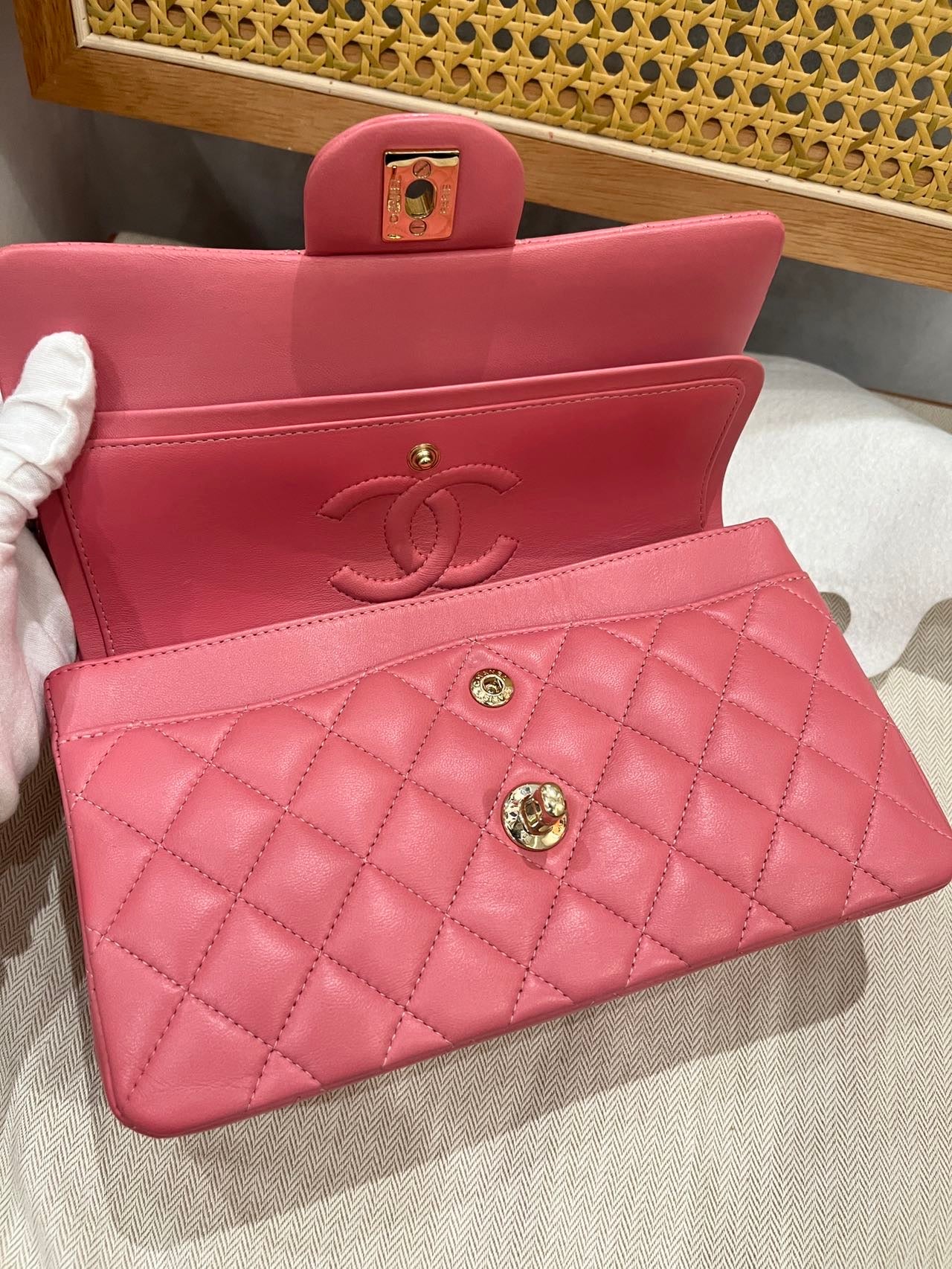 Pre-owned Certified Chanel Small CF Double Classic Flap in Pink Lambskin with Light Golden Hardware, Microchipped, w/ full set