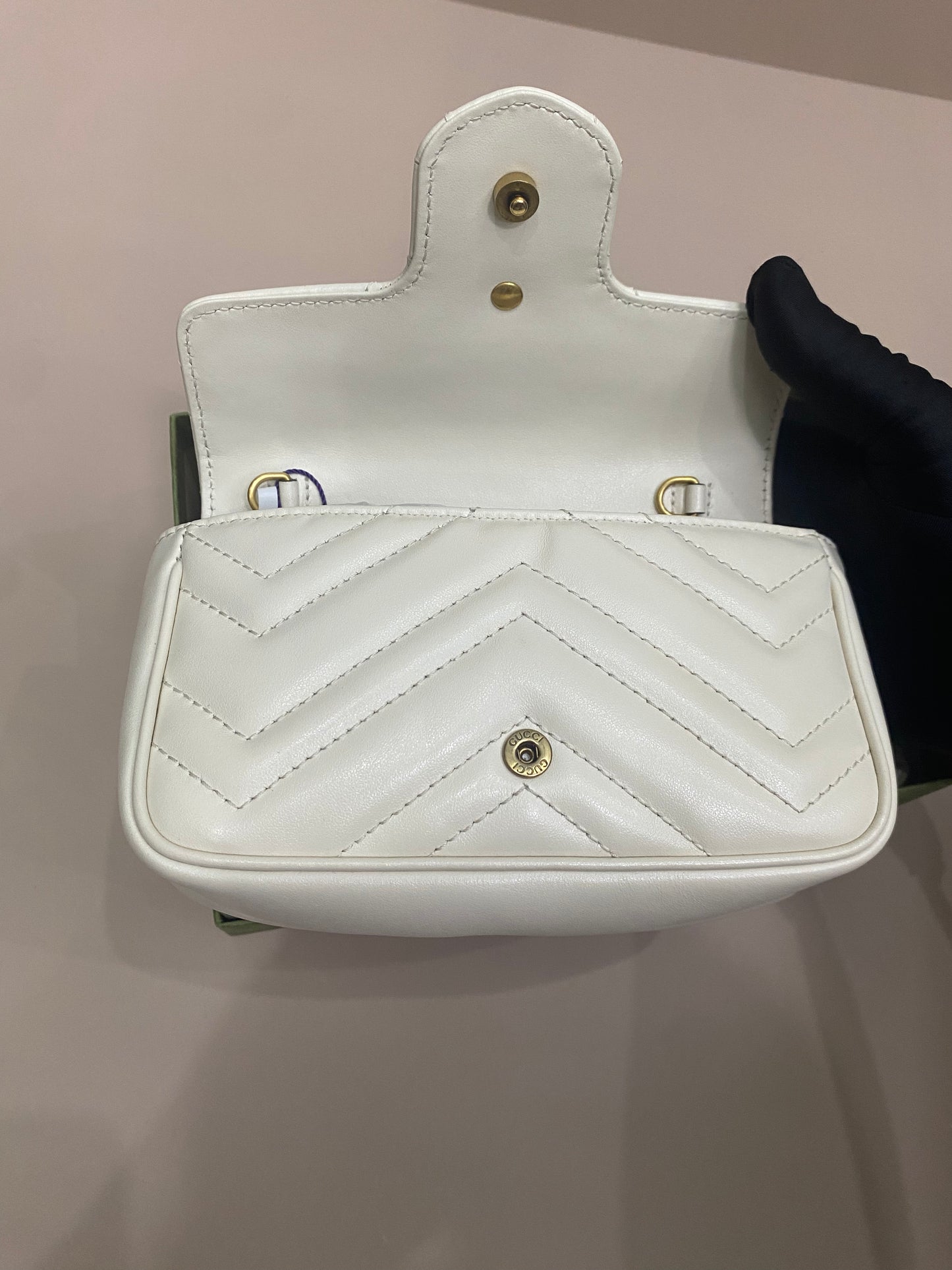 Pre-owned GG Gucci Marmont Flap Supermini White w/ Golden Hardware, A condition