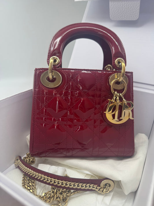 Pre-owned Certified Lady Dior Mini Dark Cherry Red Patent Leather Golden Hardware, 2017, w/ full set